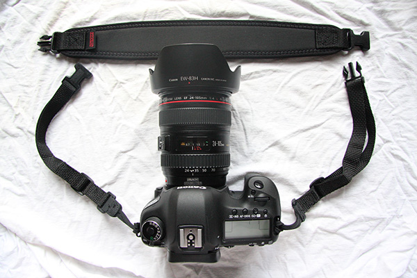 The side straps thread through the strap mount eyelets on the side of your camera.